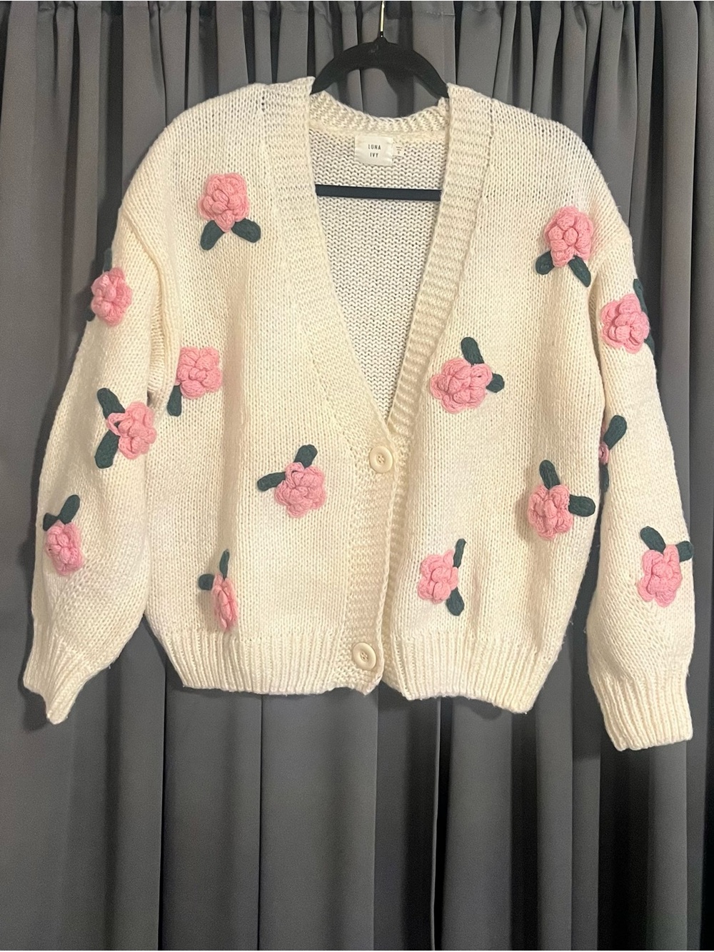 Luna Ivy Ivory Cream Cardigan with 3D Pink Floral Appliqués
